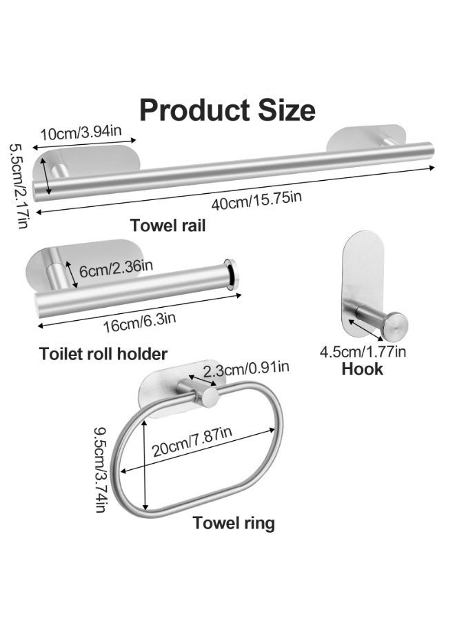 WangPangZi Matte Bathroom Hardware 4pcs/Set, 100% Stainless Steel Holders, Resists Humid Environments Without Rusting, Includes Adhesive Toilet Paper Holder, Adhesive Towel Bar, And Adhesive Bathrobe/Towel Hook Bathroom Accessory Set Suitable For Bathrooms, Kitchens, And Rvs (Brushed Silver) - Image 2