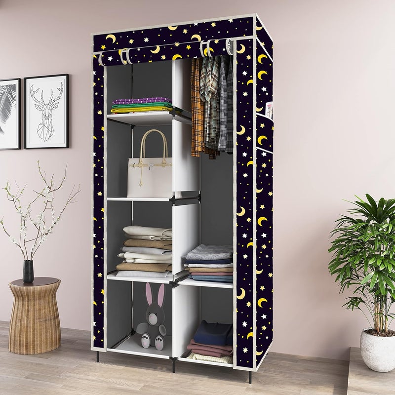 Whitecloud TRANSFORMING HOMES Whitecloud TRANSFORMING HOMES Printed Collapsible Wardrobe Almira for Clothes 1 Hanging Space 6 Shelves 1 Side Pocket NonWoven Fabric 100 GSM P 20015 Moon Star Grey  - Image 1