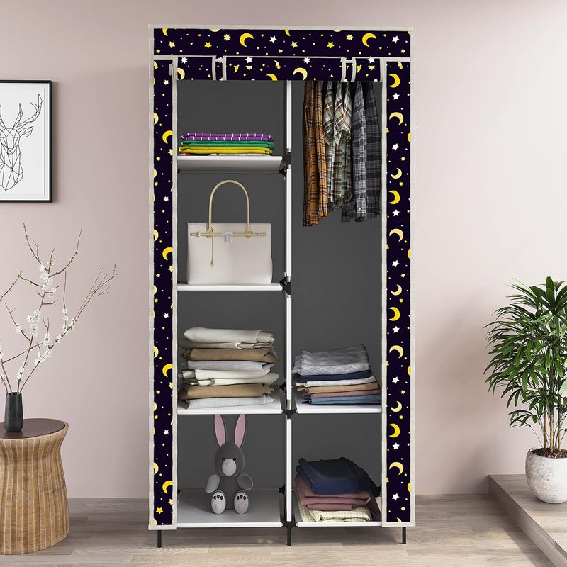 Whitecloud TRANSFORMING HOMES Whitecloud TRANSFORMING HOMES Printed Collapsible Wardrobe Almira for Clothes 1 Hanging Space 6 Shelves 1 Side Pocket NonWoven Fabric 100 GSM P 20015 Moon Star Grey  - Image 2