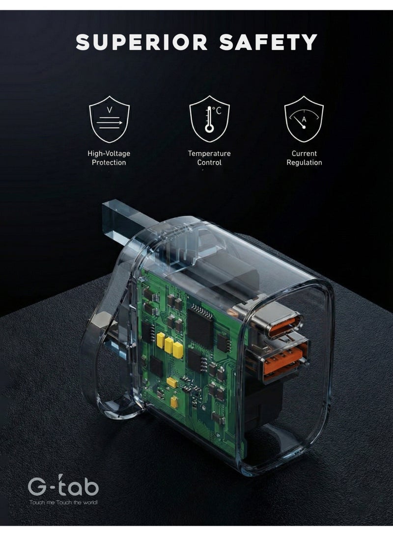 جي تاب شاحن سريع G-TAB بقدرة 20 واط بتقنية GaN مع كابل USB-A إلى لايتنينج، شاحن جداري بمنفذين USB-A وUSB-C، شحن سريع لأجهزة آيفون، آيباد، إيربودز، سامسونج والتابلت - Image 4