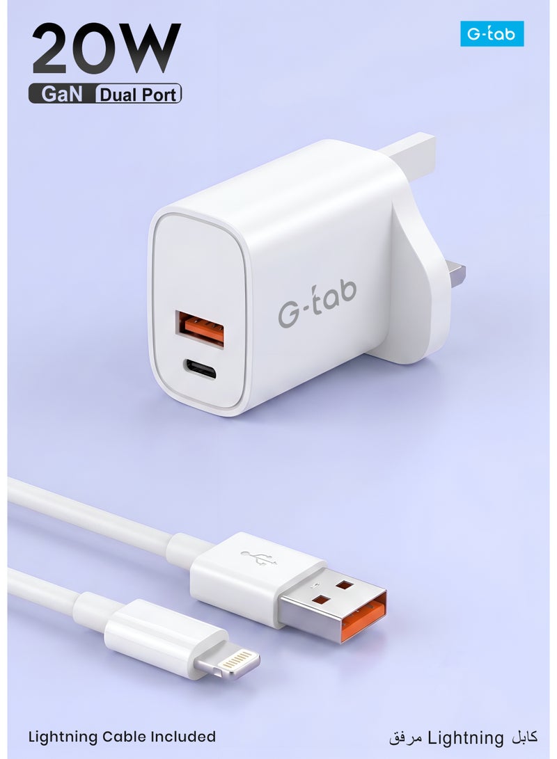 G-TAB 20W 2 Port Fast Charger ,GaN Wall Adapter with USB-A to Lightning Cable, Dual Port USB-A & USB-C, 2 Port Fast Charging for iPhone, iPad, AirPods, Samsung & Tablets - Image 1