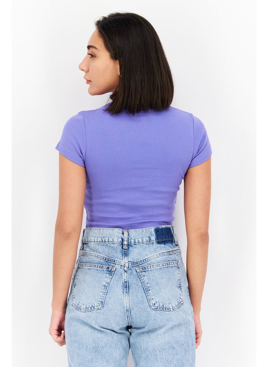 X-Girl Women Crew Neck Short Sleeves Printed Cropped Top, Purple  - Image 2