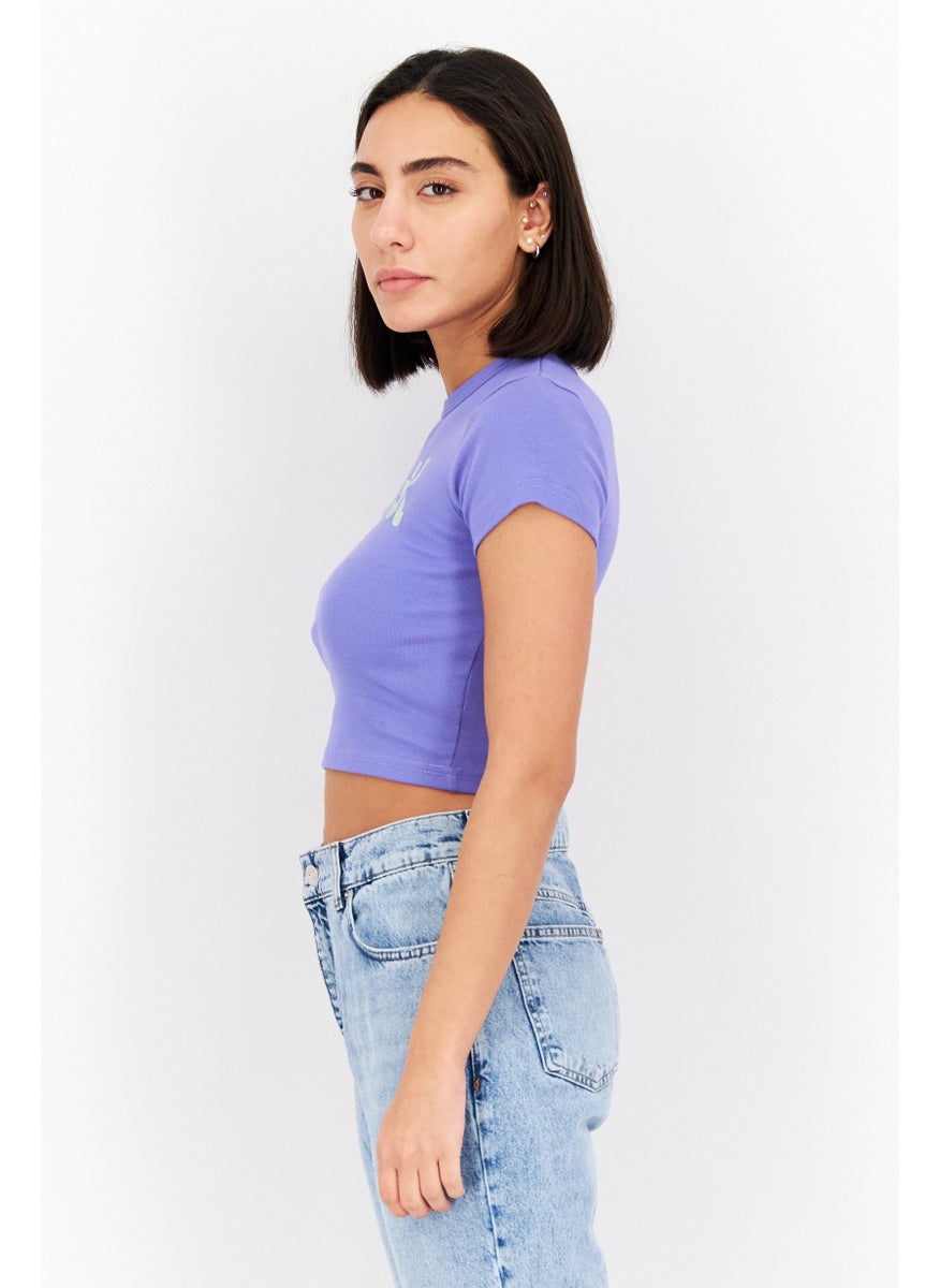 X-Girl Women Crew Neck Short Sleeves Printed Cropped Top, Purple  - Image 4