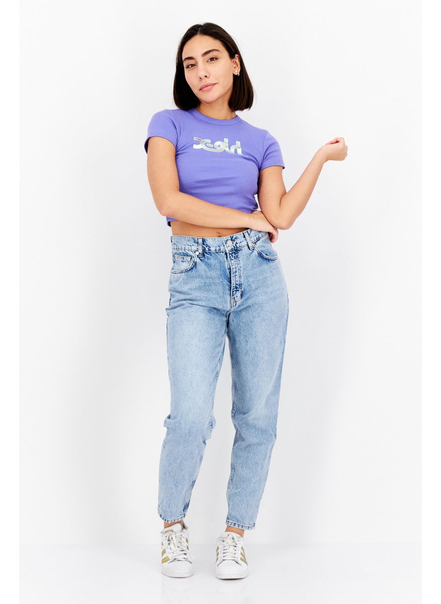 X-Girl Women Crew Neck Short Sleeves Printed Cropped Top, Purple  - Image 3