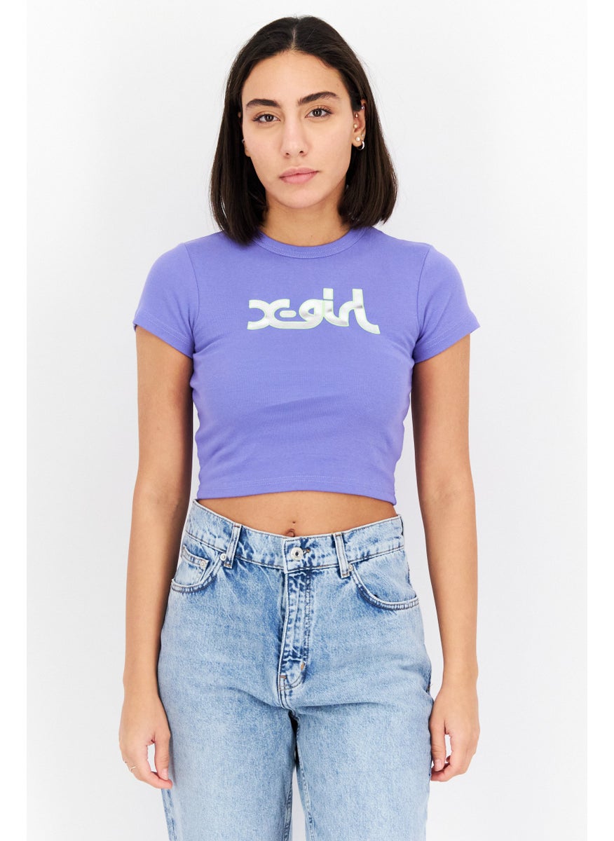 X-Girl Women Crew Neck Short Sleeves Printed Cropped Top, Purple  - Image 1