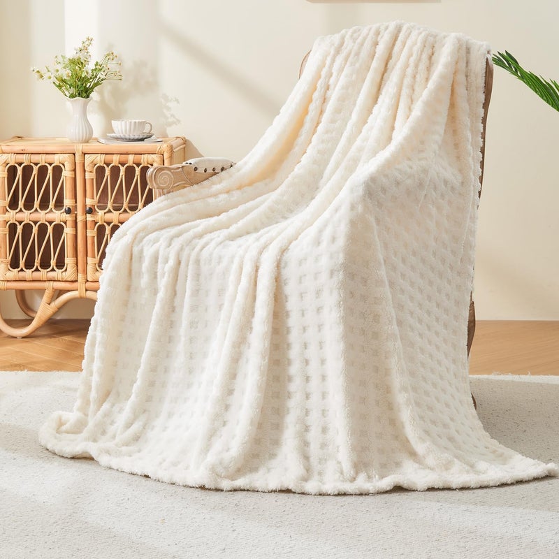 Wajade Fleece Throw Blanket, Fluffy Faux Fur Blanket for Bed Sofa Couch, Soft Warm Thick Blanket,Waffle White-178X203 - Image 1