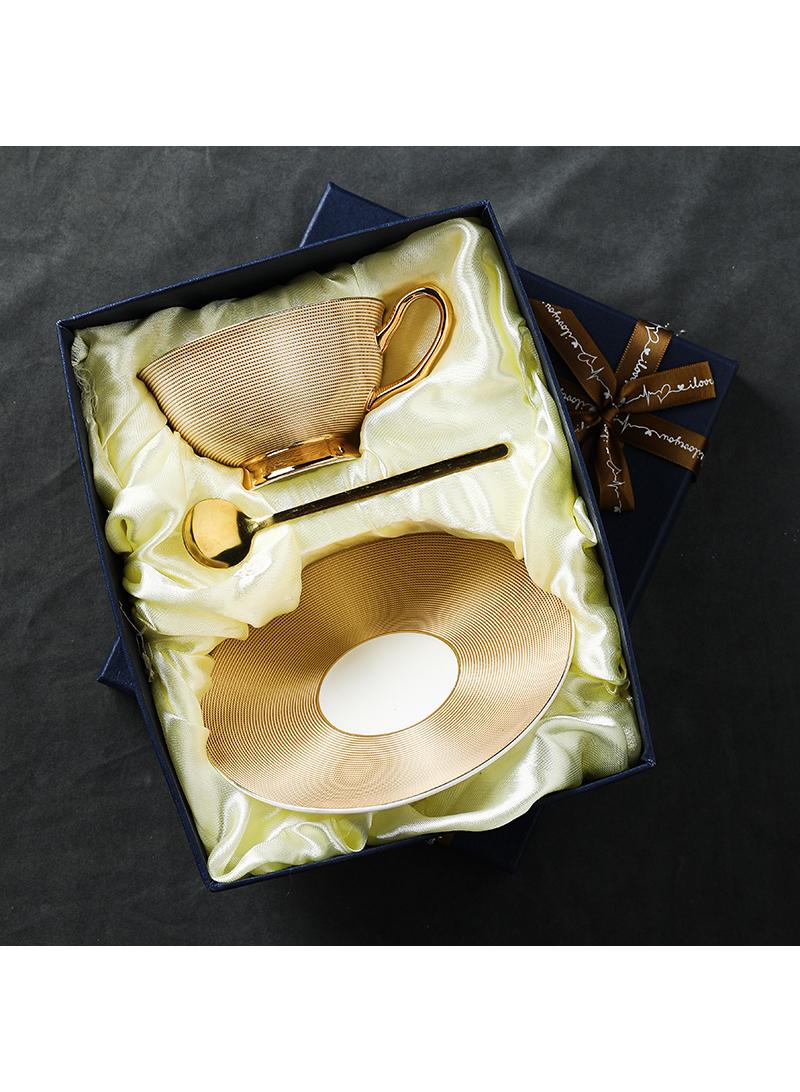 Y&D Bone China Golden stripe Tea Cup with Saucer Spoon 3 Piece Set（7oz）Cappuccino Cups, Coffee Cups, Tea Cup Set, British Coffee Cups, Porcelain Tea Set, Latte Cups, Mother's Day Gift - Image 1