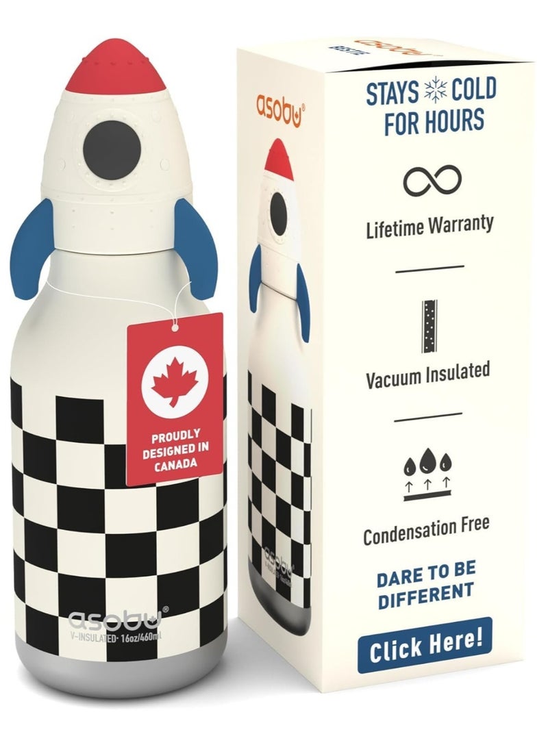 Asobu Rocket Bestie Bottle 16oz Kids Insulated Water Bottle with Straw, Vacuum Stainless Steel, Leakproof BPA-Free, Cute Rocket Design, Cold 24h Hot 12h, Durable School Travel Bottle - Image 1