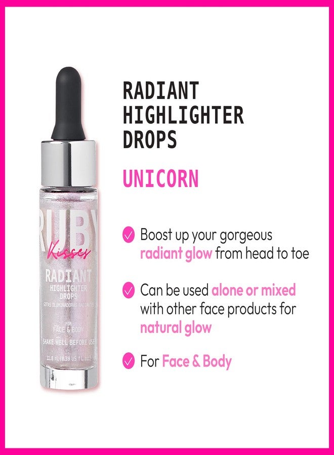 Ruby Kisses قطرات روبي كيسز المتألقة، هايلايتر سائل لامع، مُضيء ناعم للوجه والجسم، توهج طبيعي وبريق للبشرة (يونيكورن) - Image 4