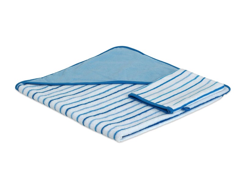TowelSelections Turkish Cotton Hooded Terry Velour Baby Bath Towel and Glove Set Blue Striped