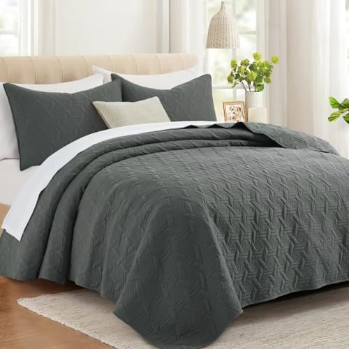 Lavsiry Dark Grey Queen Size Quilt Bedding Set with Pillow Shams, Summer Lightweight Bedspread Coverlet, Soft Quilted Blanket Thin Comforter for All Seasons - Image 1