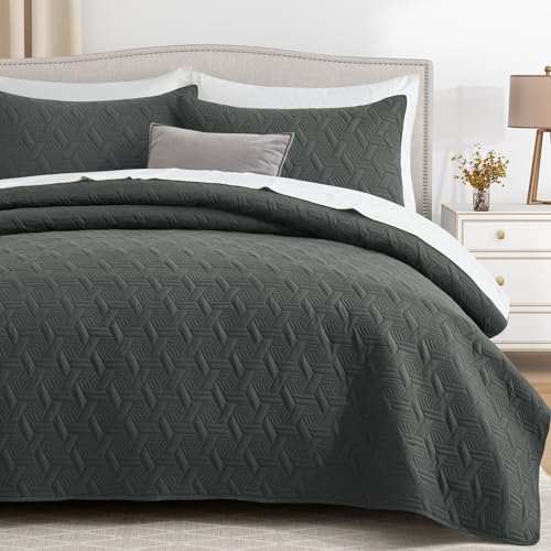 Lavsiry Dark Grey Queen Size Quilt Bedding Set with Pillow Shams, Summer Lightweight Bedspread Coverlet, Soft Quilted Blanket Thin Comforter for All Seasons - Image 2