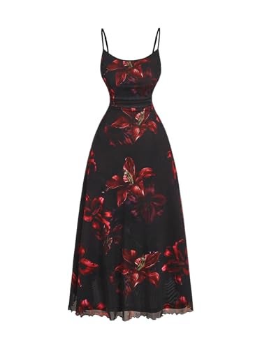 BEAUDRM Women's Plus Size Summer Spring Wedding Guest Dress Floral Boho Maxi Dress Ruffle Beach Vacation Flowy Sundresses Red and Black X-Large Plus - Image 1