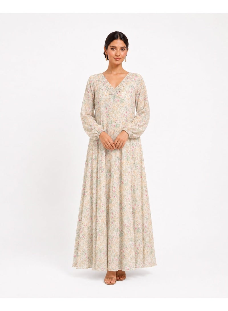 HONO English Title: HONO Women's Floral Print A-Line Maxi Dress V Neck Long Sleeve Evening Occasion Beige - Image 1