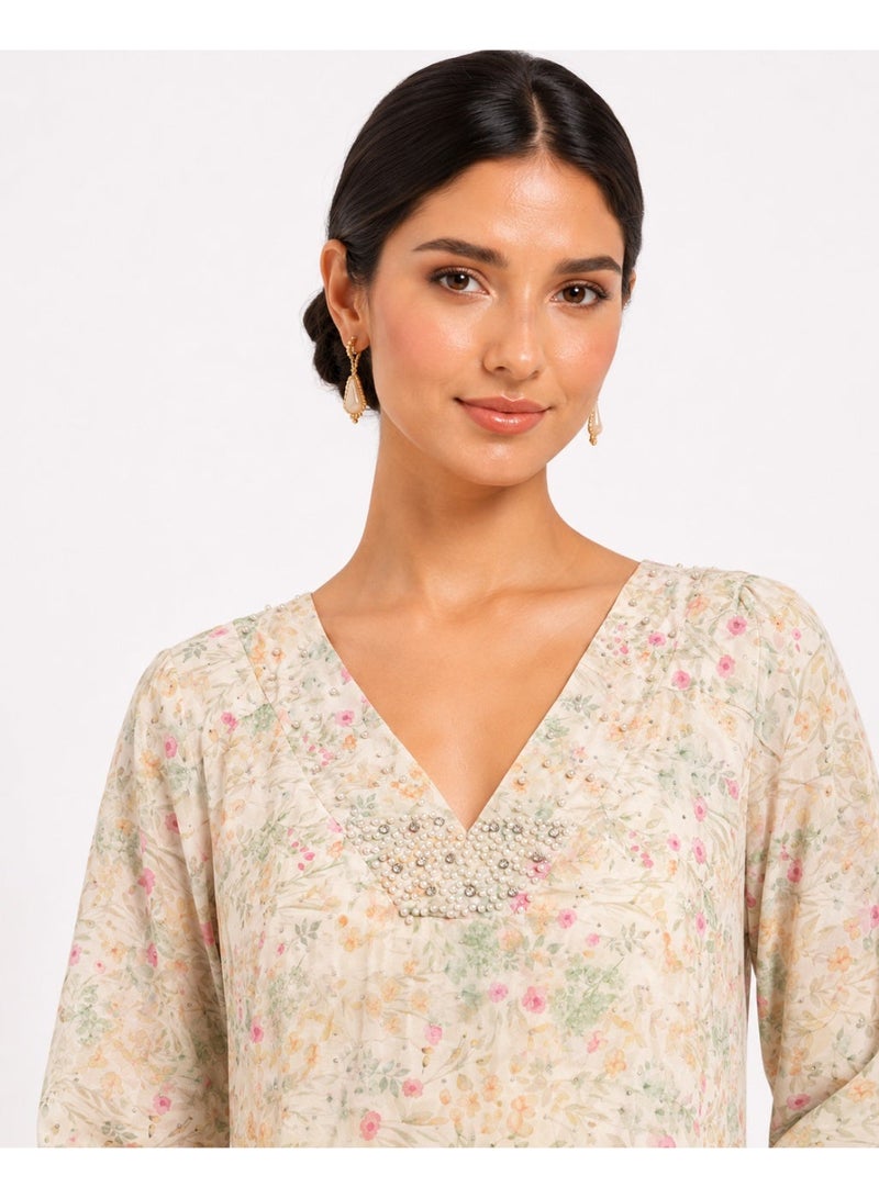 HONO English Title: HONO Women's Floral Print A-Line Maxi Dress V Neck Long Sleeve Evening Occasion Beige - Image 2