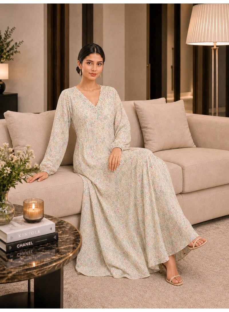 HONO English Title: HONO Women's Floral Print A-Line Maxi Dress V Neck Long Sleeve Evening Occasion Beige - Image 4