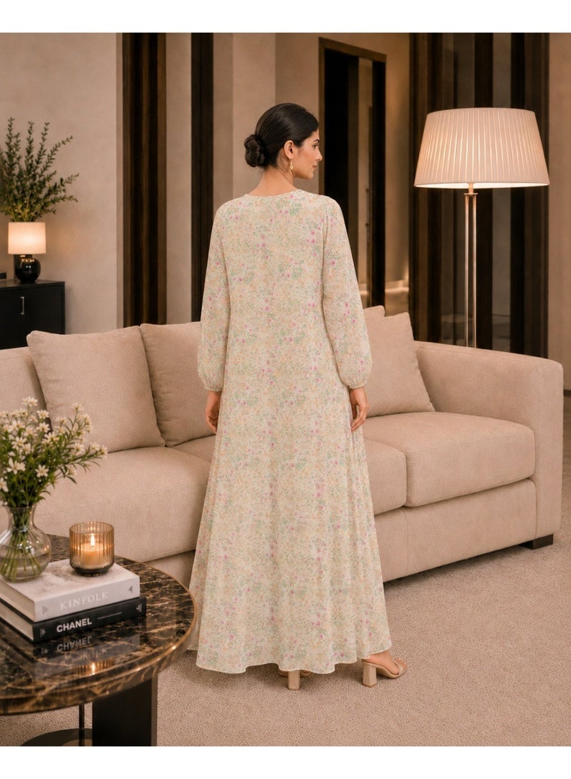 HONO English Title: HONO Women's Floral Print A-Line Maxi Dress V Neck Long Sleeve Evening Occasion Beige - Image 5
