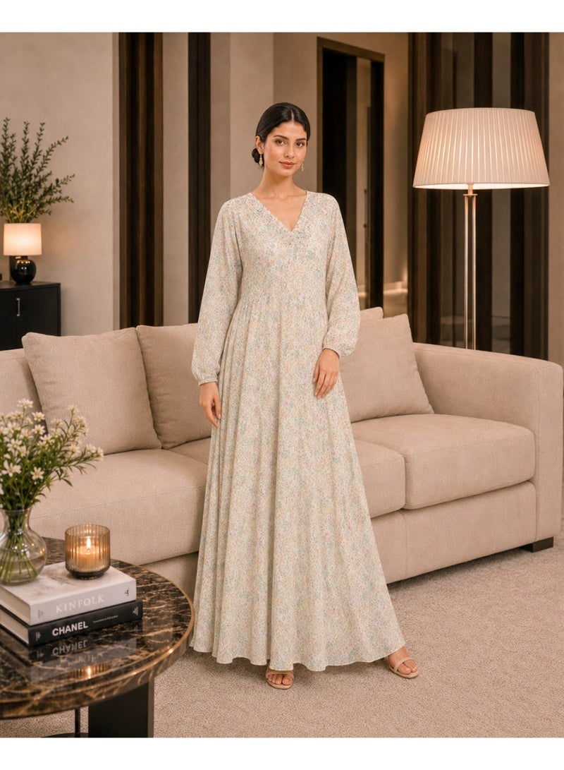 HONO English Title: HONO Women's Floral Print A-Line Maxi Dress V Neck Long Sleeve Evening Occasion Beige - Image 3