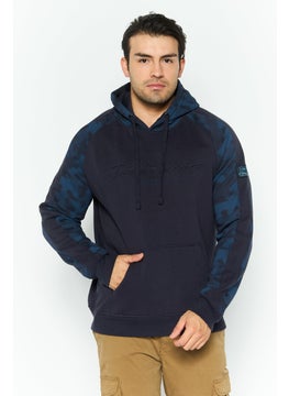 Men Hooded Embossed Logo Long Sleeves Sweatshirt, Navy
