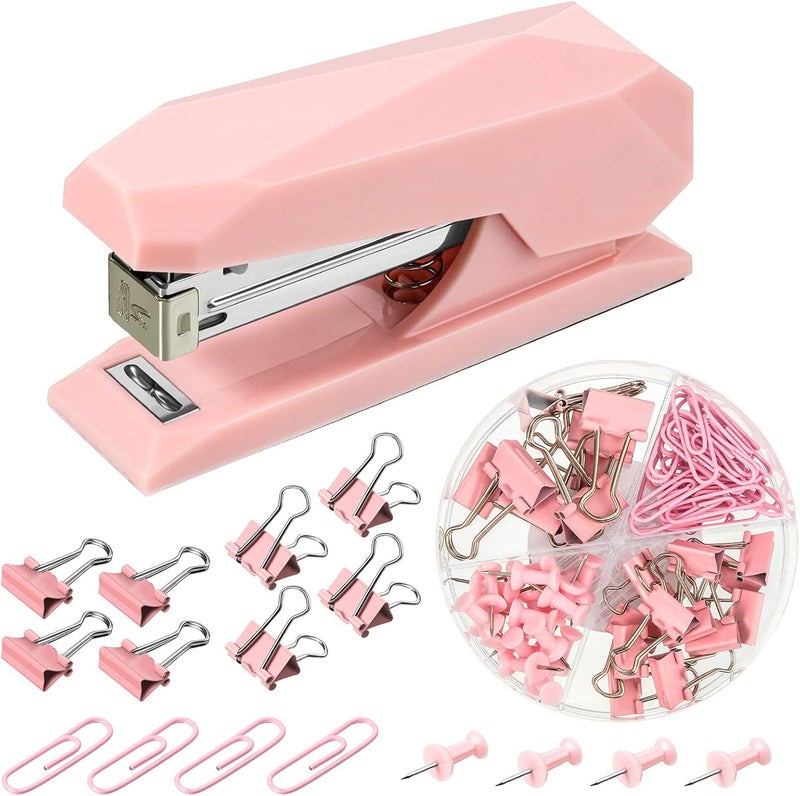 klarako 73 Pieces Pink Office Desktop Stapler Desk Accessories Kit 1 Desktop Stapler Office Stapler 25 Sheet Capacity 72 Binder Clips Long Tail Push Pins Paperclips for Home Office School - Image 1
