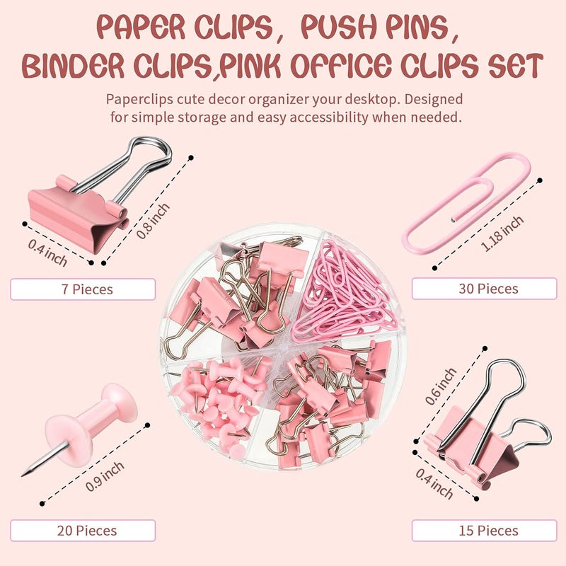 klarako 73 Pieces Pink Office Desktop Stapler Desk Accessories Kit 1 Desktop Stapler Office Stapler 25 Sheet Capacity 72 Binder Clips Long Tail Push Pins Paperclips for Home Office School - Image 3