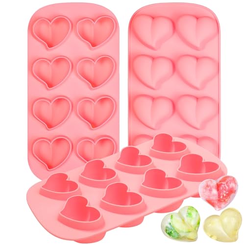 Webake Heart Shpaed Ice Cube Trays 8Cavity Heart Silicone Molds for Whiskey Cocktail Chocolate Ice Cubes Candy with Fun Shapes Pack of 3