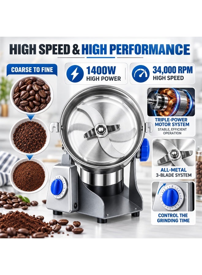 ET-LIFE Multipurpose Coffee Grinder - 800g Capacity | Spice Grinder with Stainless Steel Bowl - Suitable for Spices, Coffee Beans, Nuts, Dried Fruits, Etc Easy Cleaning 1400 W SUS304-800Y Silver/Blue - Image 2