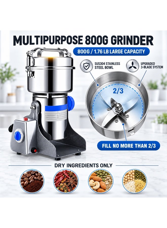 ET-LIFE Multipurpose Coffee Grinder - 800g Capacity | Spice Grinder with Stainless Steel Bowl - Suitable for Spices, Coffee Beans, Nuts, Dried Fruits, Etc Easy Cleaning 1400 W SUS304-800Y Silver/Blue - Image 3