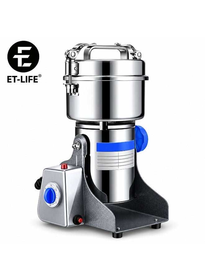ET-LIFE Multipurpose Coffee Grinder - 800g Capacity | Spice Grinder with Stainless Steel Bowl - Suitable for Spices, Coffee Beans, Nuts, Dried Fruits, Etc Easy Cleaning 1400 W SUS304-800Y Silver/Blue - Image 1