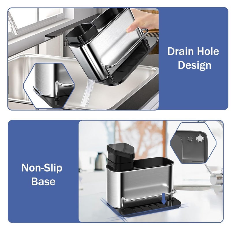 Dec Kitchenpro 3-in-1 Kitchen Sink Organizer - Stainless Steel Soap Dispenser with Sponge Holder and Storage Caddy - Space-Saving Dishwashing Rack for Sink Counter (Pack of 1) - Image 3