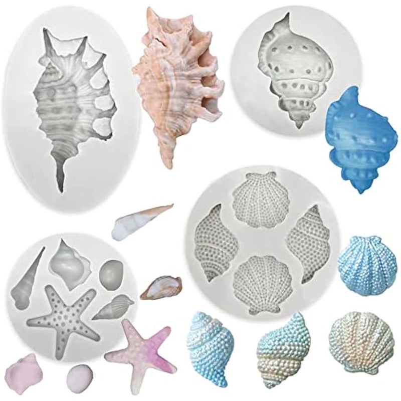 4 قطع قوالب سيليكون للكيك والفوندان بتصميم صدف البحر ونجم البحر، قوالب خبز لتزيين الكيك والشوكولاتة والحلوى وصلصال البوليمر والمشاريع الحرفية - Image 1