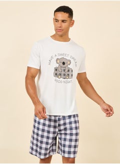 Good Night Graphic Print Crew Neck T-shirt and Checkered Short Set