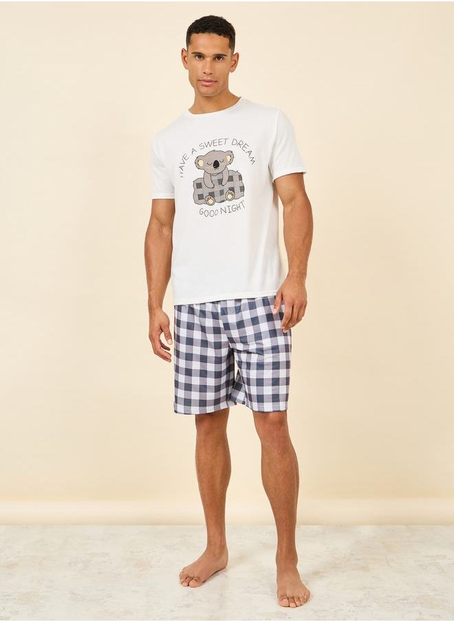 Styli - Good Night Graphic Print Crew Neck T-shirt and Checkered Short Set - Image 1