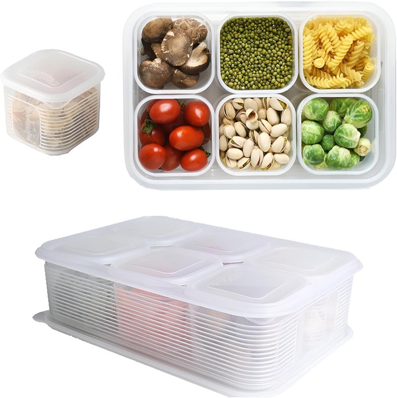 Reusable Food Storage Organizer - Large Plastic Container Set with 6 Removable Small Boxes for Fridge, Ideal for Organizing Fruits, Vegetables, Meat, and Fish to Keep Food Fresh - Image 1