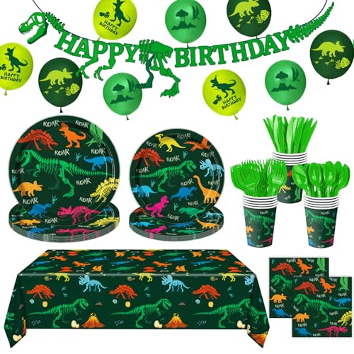 LINHAXM 166 PCS Dinosaur Birthday Decorations Dinosaur Party Supplies Includes Plates Cups Napkins Cutlery Banner Tablecloth Balloons for Boy Dino Party Decorations Serves 20 - Image 1