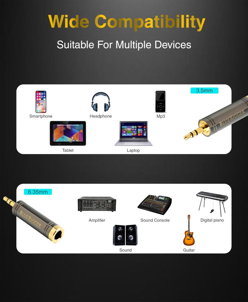 BlueRigger 3.5mm 1/8" Male to 6.35mm 1/4" Female, Stereo Audio Adapter for Cellphone, Amplifiers, Guitar, Speaker - Image 2
