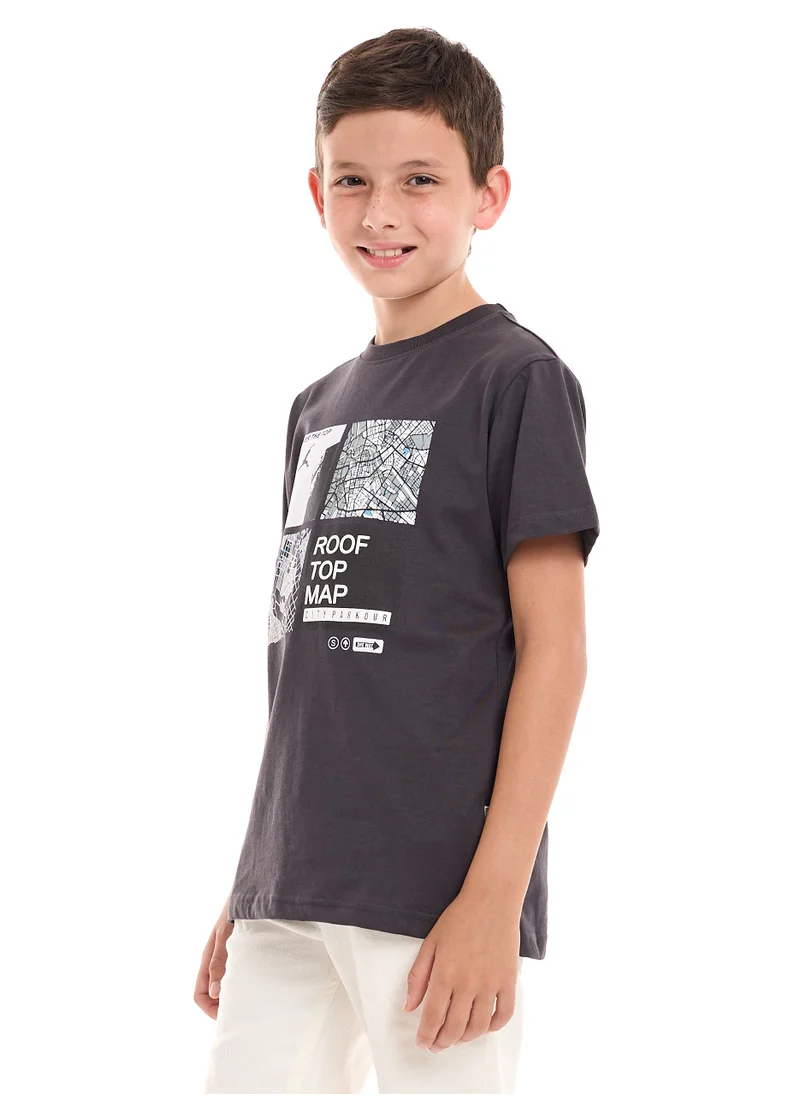 فكتور اند جين Victor and Jane  Boys' T-Shirt Roop Top Map Printed - Black