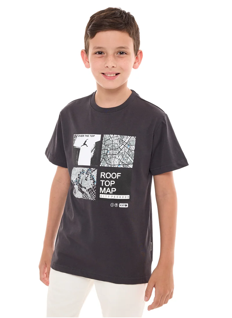 فكتور اند جين Victor and Jane  Boys' T-Shirt Roop Top Map Printed - Black