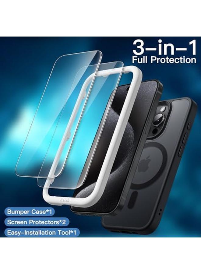 جي تيك جراب مغناطيسي 3 في 1 لهاتف Iphone 15 Pro Max مقاس 6.7 بوصة مع قطعتين من واقيات الشاشة الزجاجية المقواة المتوافقة مع غطاء الهاتف الشفاف غير اللامع المقاوم للصدمات من Magsafe باللون الأسود - Image 3