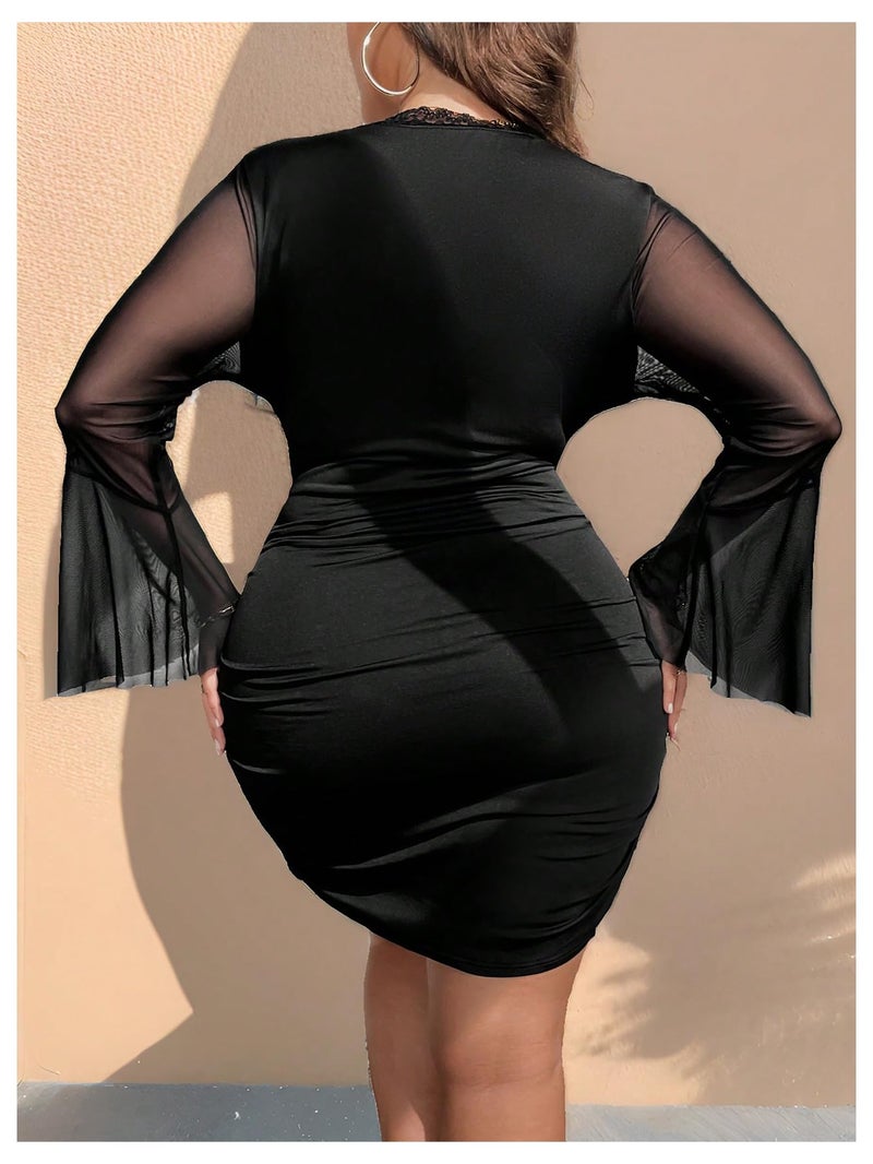 Floerns Women's Plus Size Deep V Neck Lace Dress Long Bell Sleeve Wrap Party Mini Dresses Black X-Large Plus - Image 3