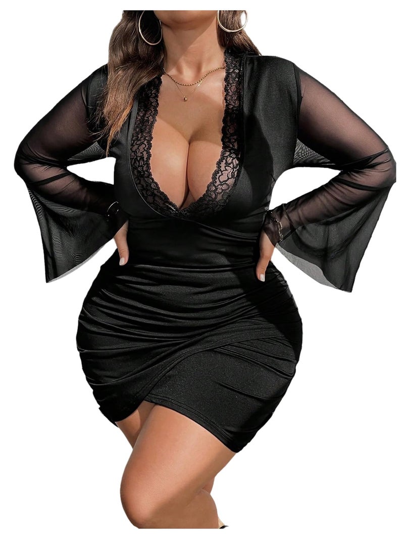 Floerns Women's Plus Size Deep V Neck Lace Dress Long Bell Sleeve Wrap Party Mini Dresses Black X-Large Plus - Image 2