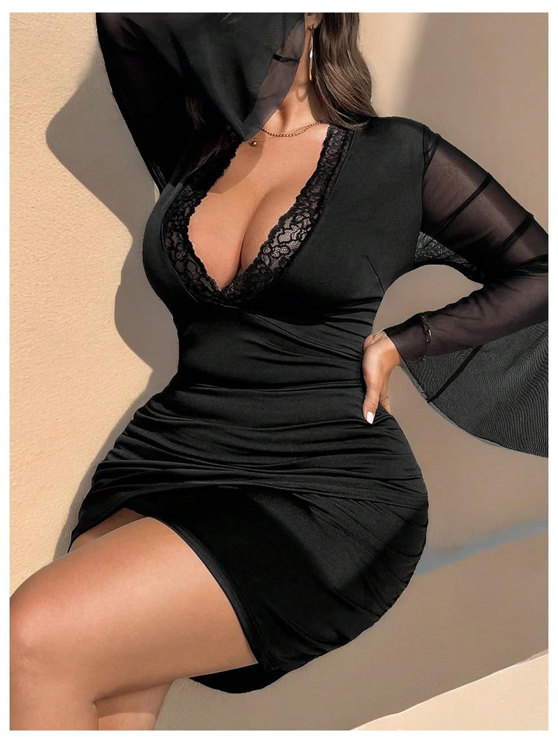 Floerns Women's Plus Size Deep V Neck Lace Dress Long Bell Sleeve Wrap Party Mini Dresses Black X-Large Plus - Image 4