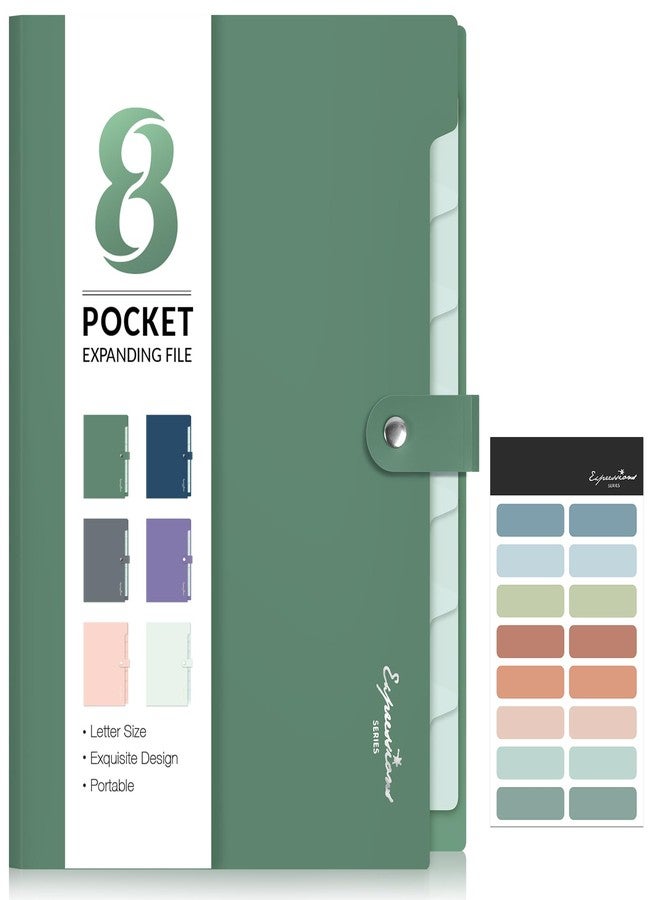 Sooez Elegant Accordion File Organizer, 8 Pocket Expanding File Folders with Labels, Portable Folder for Documents, Cute Paper Organizer for School Office Supplies, Letter Size, Dark Green - Image 1