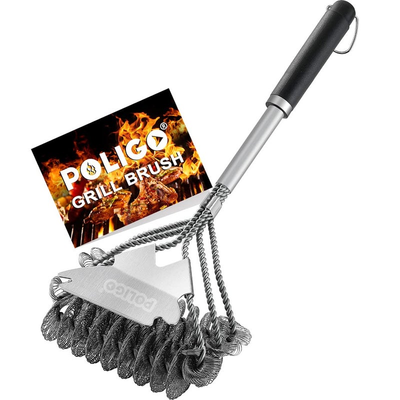 POLIGO Safe Grill Brush and Scraper Bristle Free 18" Grill Cleaner Brush - Stainless Steel BBQ Brush for Grill Cleaning - Wireless Grill Brush with BBQ Scraper for Grill - Gifts for Grill Wizard