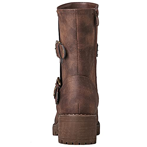 GLOBALWIN Lace up Mid Calf Motorcycle Fashion Festival Boots Combat Riding Military Boots for Women Brown Size 8.5 - Image 5