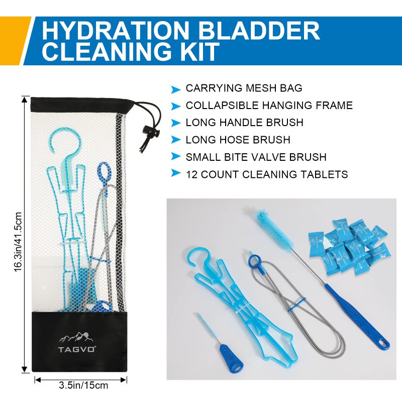 TAGVO Hydration Bladder Cleaning Kit, 6 in 1 Water Bladder Cleaner Set - 3 Brushes, Collapsible Hanger, 12 Cleaning Tablets & Carry Pouch, Water Reservoir Backpack Cleaning Tools - Image 3