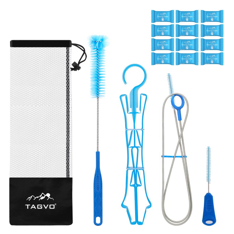 TAGVO Hydration Bladder Cleaning Kit, 6 in 1 Water Bladder Cleaner Set - 3 Brushes, Collapsible Hanger, 12 Cleaning Tablets & Carry Pouch, Water Reservoir Backpack Cleaning Tools - Image 1