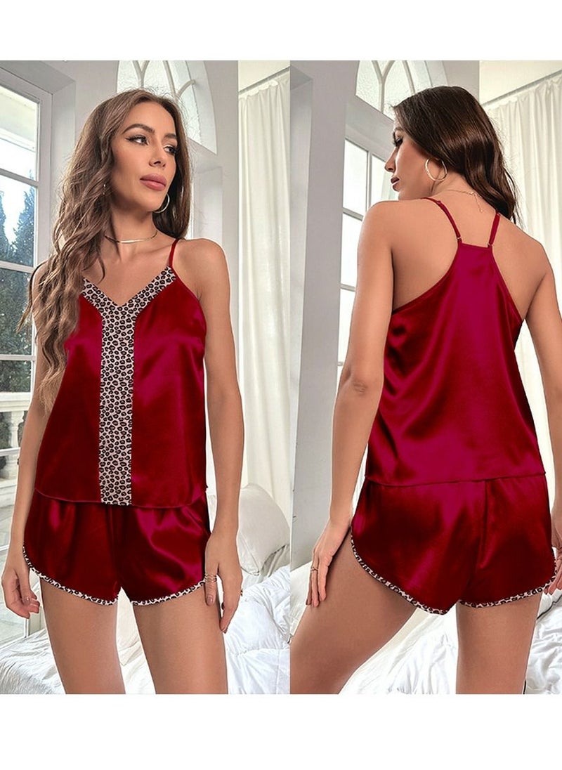 Loquat - Women's Leopard Print 2-Piece Set Nightgown Sleepwear camisole Tops And Shorts Soft Loungewear Pajamas  Suit Wine Red - Image 1
