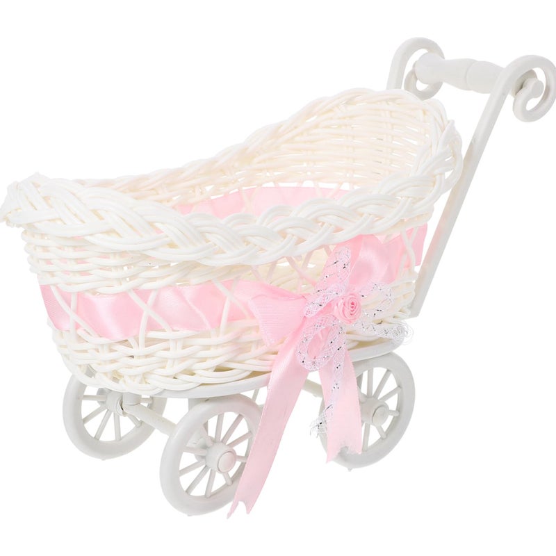 STOBOK Mini Wicker Stroller Decoration Rattan Doll Carriage Woven Candy Basket Centerpiece Decor for Baby Shower Party Favors - Pink - Image 1