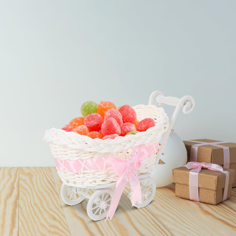 STOBOK Mini Wicker Stroller Decoration Rattan Doll Carriage Woven Candy Basket Centerpiece Decor for Baby Shower Party Favors - Pink - Image 4